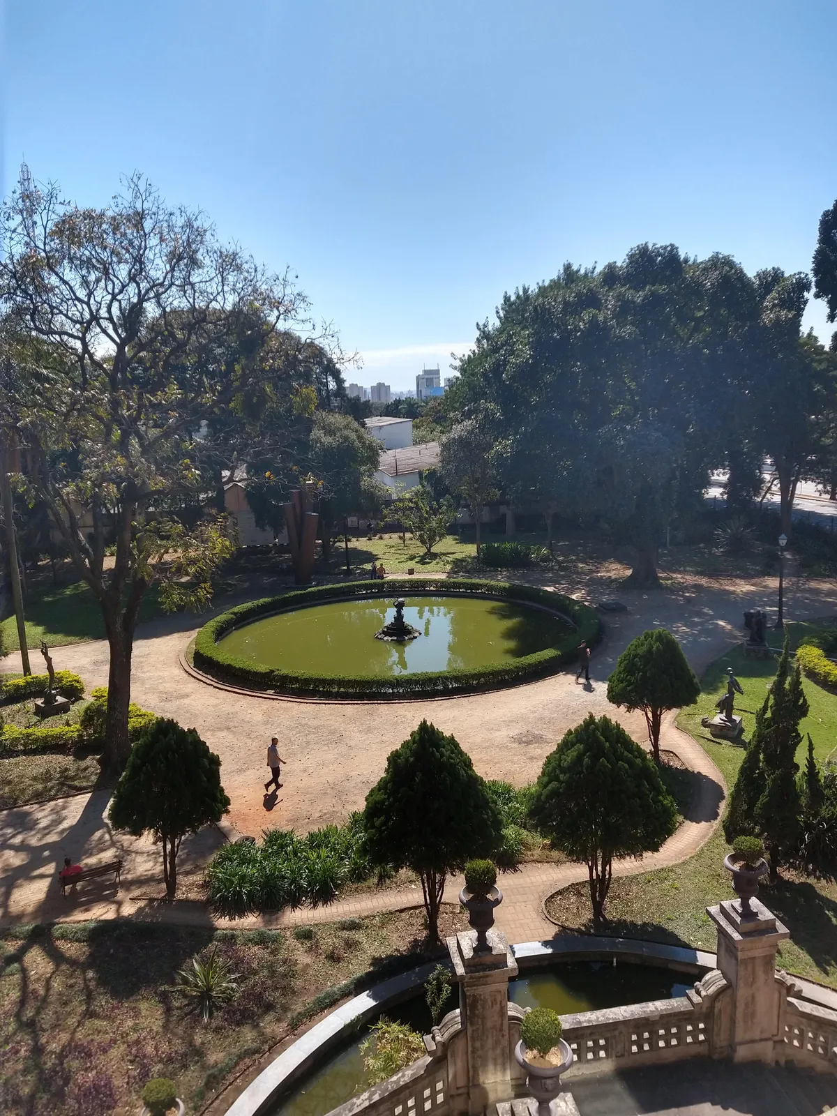 The Jardim da Luz in São Paulo seen from above, a formal garden with an oval pool and fountain at the centre, gravel paths curving between clipped conifers and mature trees, with city buildings beyond