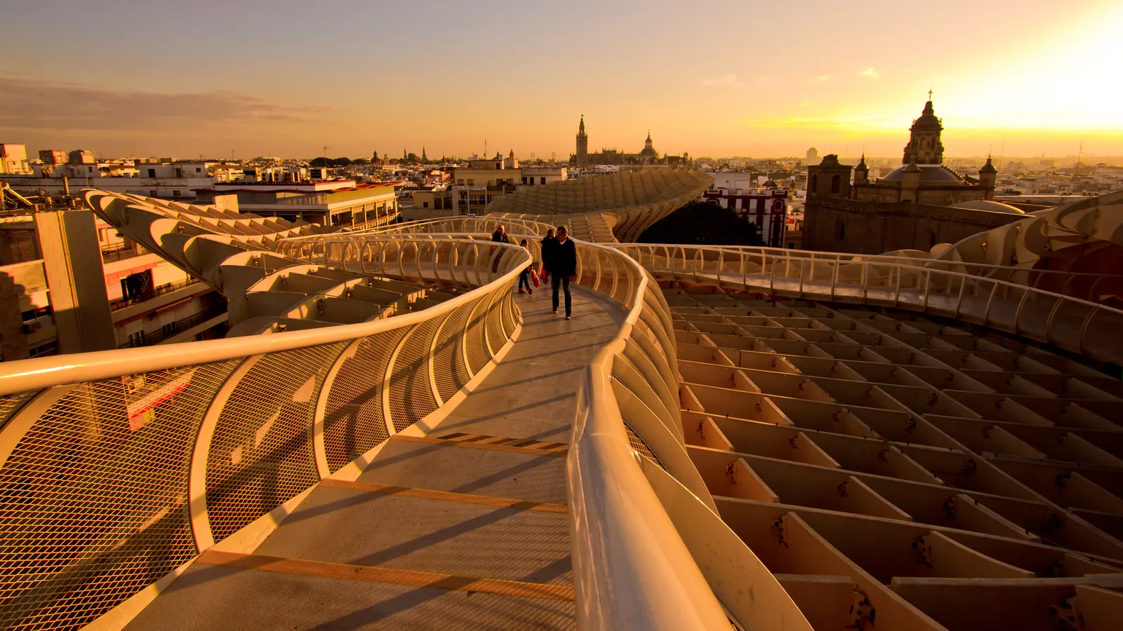 Sunset view from Metropol Parasol over Seville rooftops