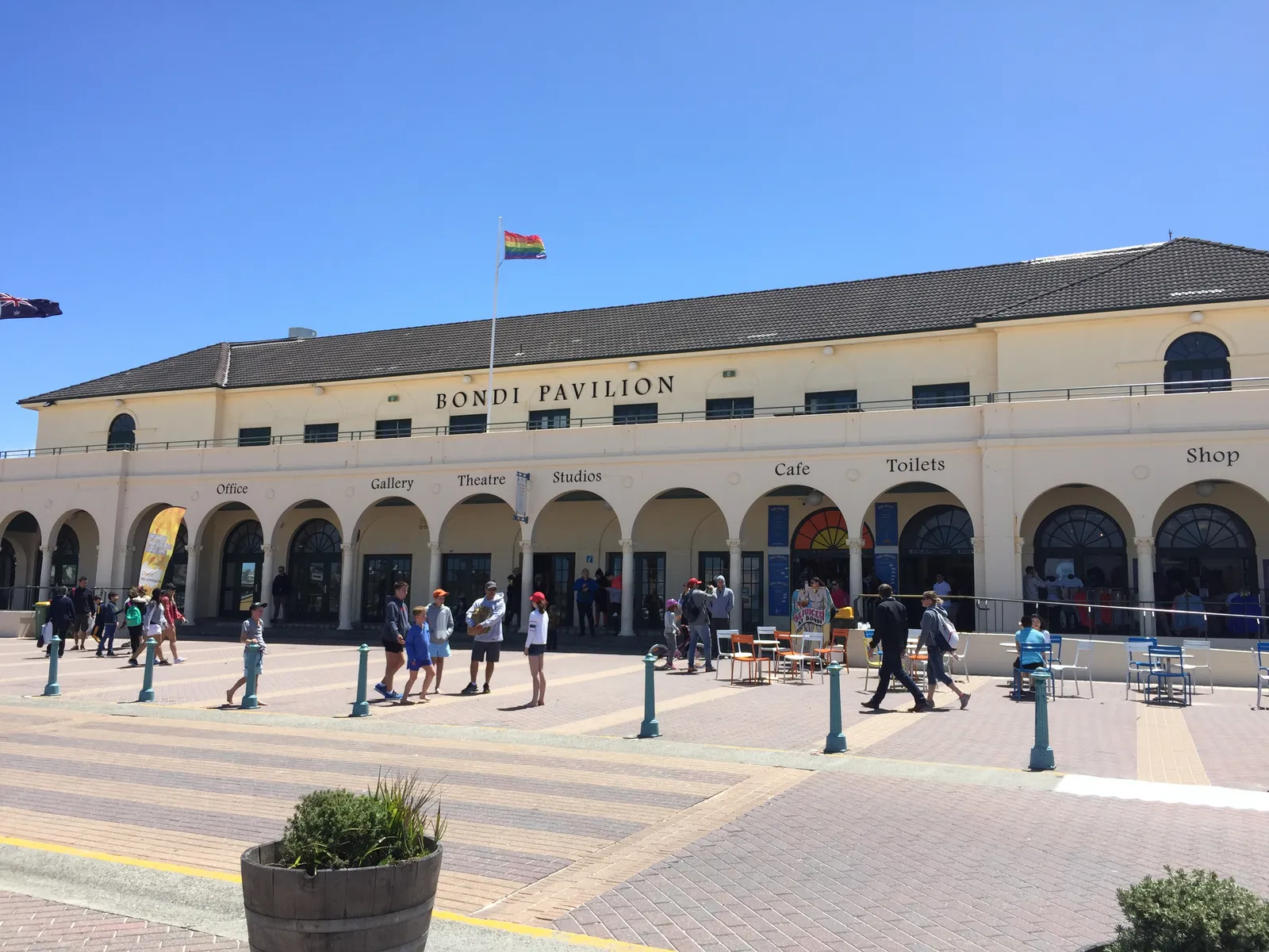 The long arcaded front of Bondi Pavilion on the promenade at Bondi Beach, with people walking across the forecourt in front