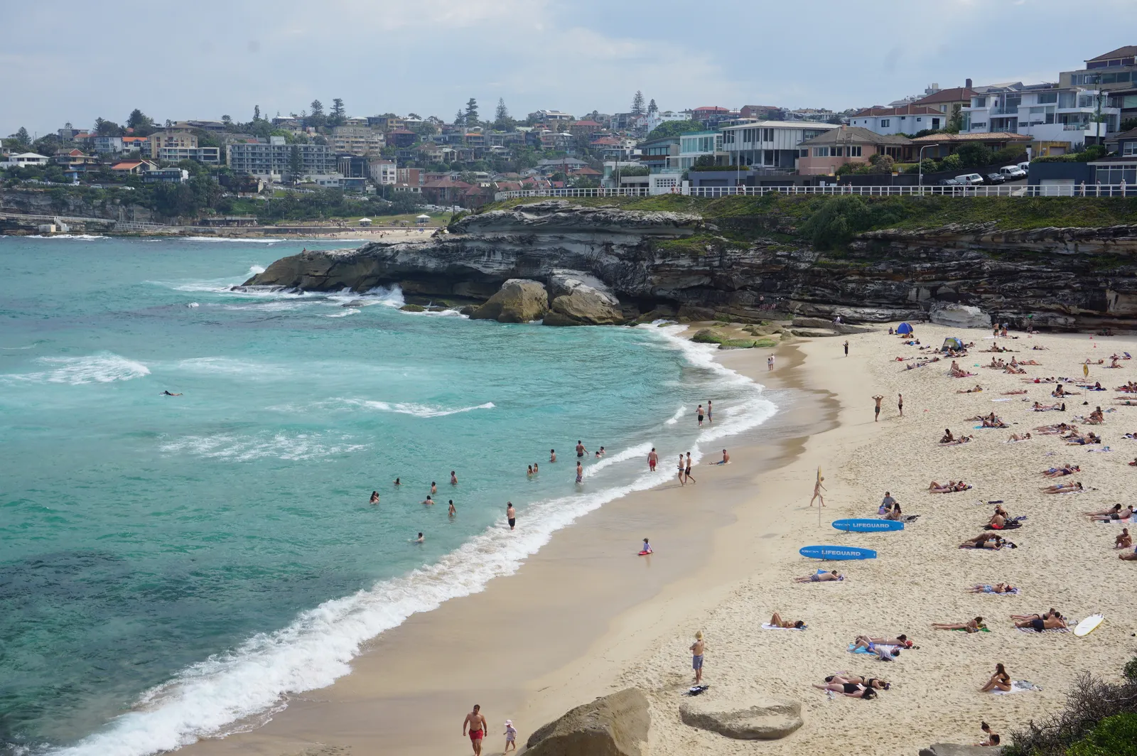 Tamarama Beach in Sydney, a short curve of sand between sandstone headlands with the coastal path and houses on the slope above