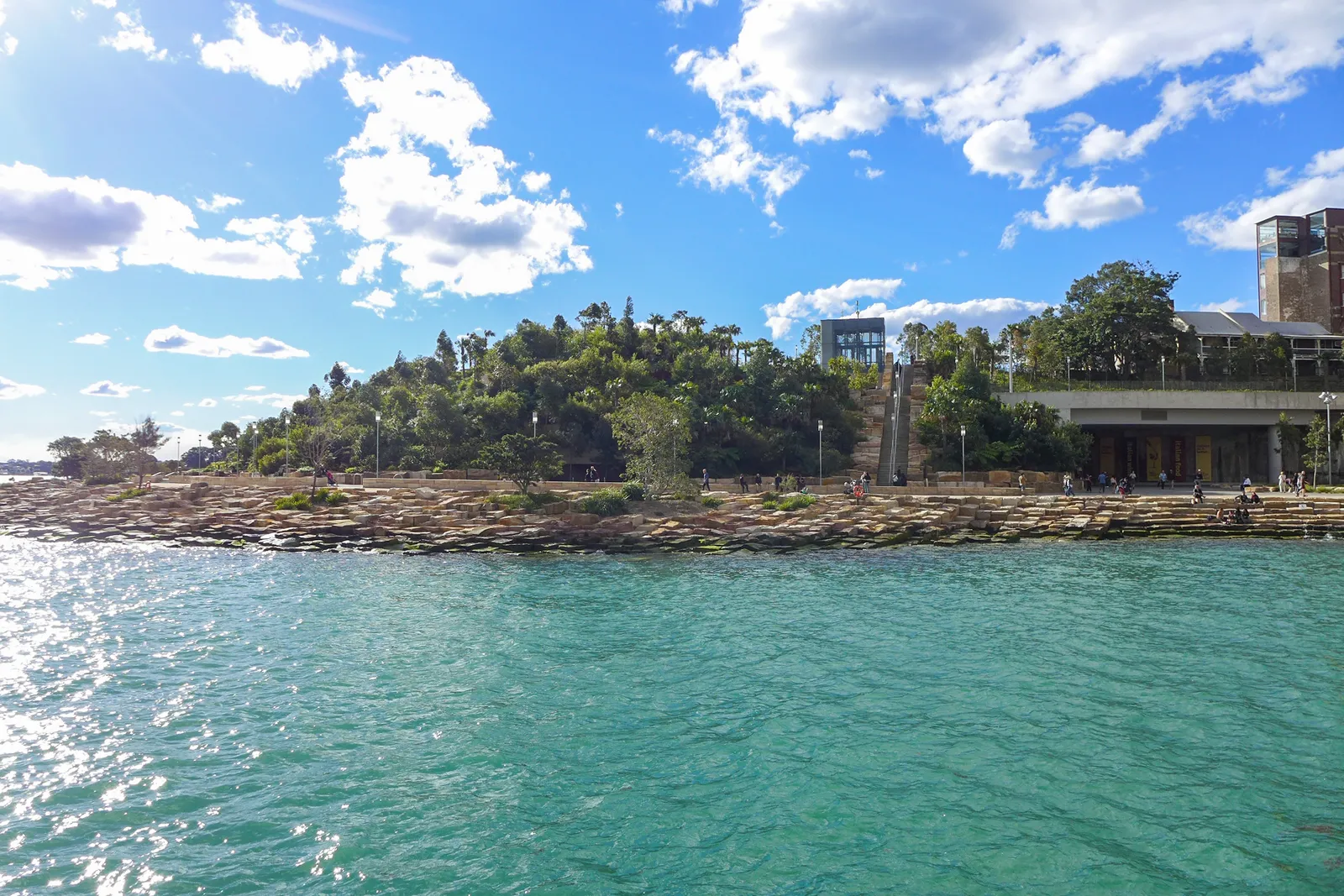 The headland of Barangaroo Reserve in Sydney seen from the water, a low wooded point edged with stepped blocks of cut sandstone