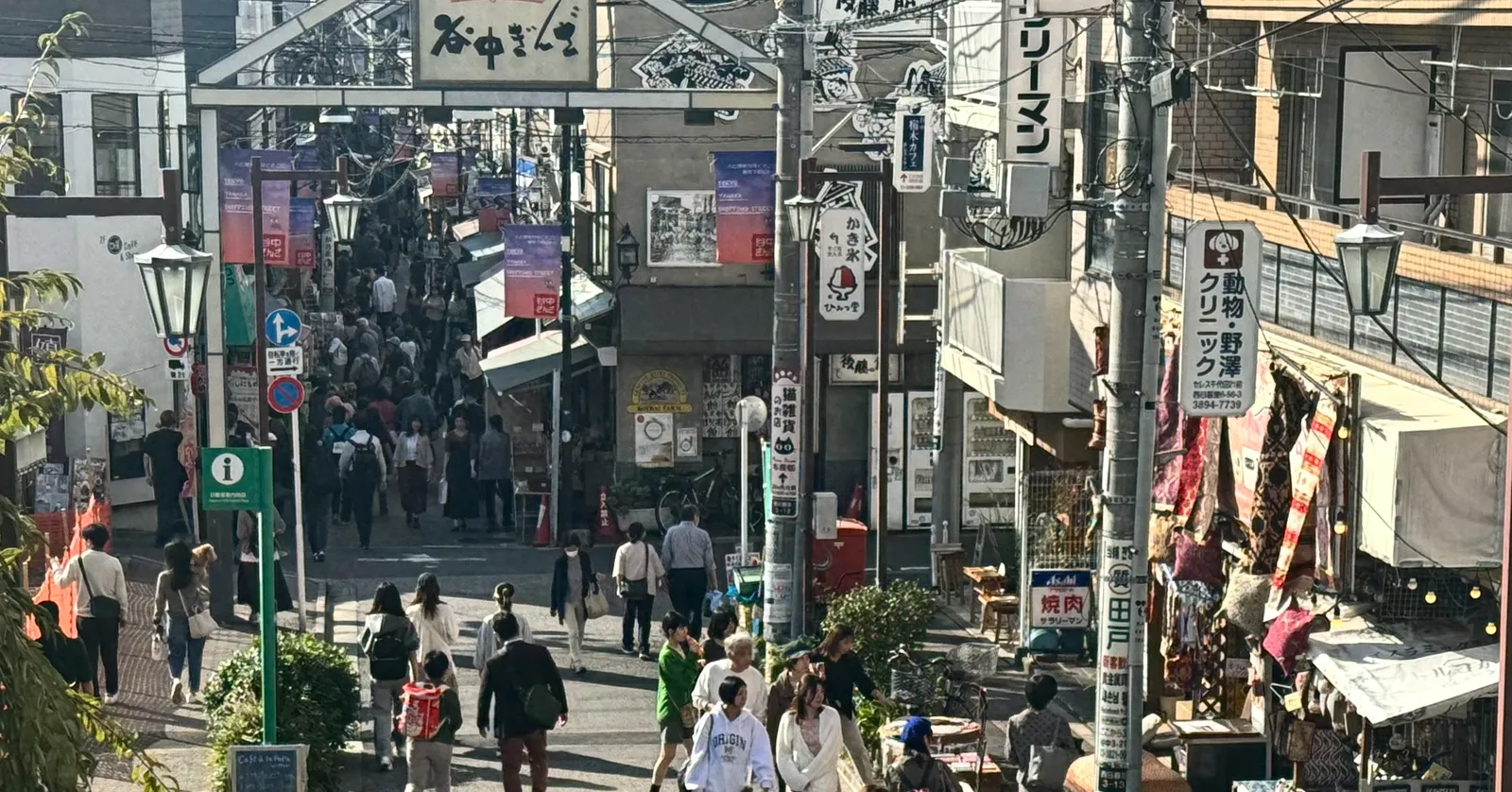 Yanaka Ginza in Tokyo seen from the top of the steps at its eastern end, a narrow shopping lane under a painted wooden sign crowded with people, small shops, lanterns and banners lining both sides