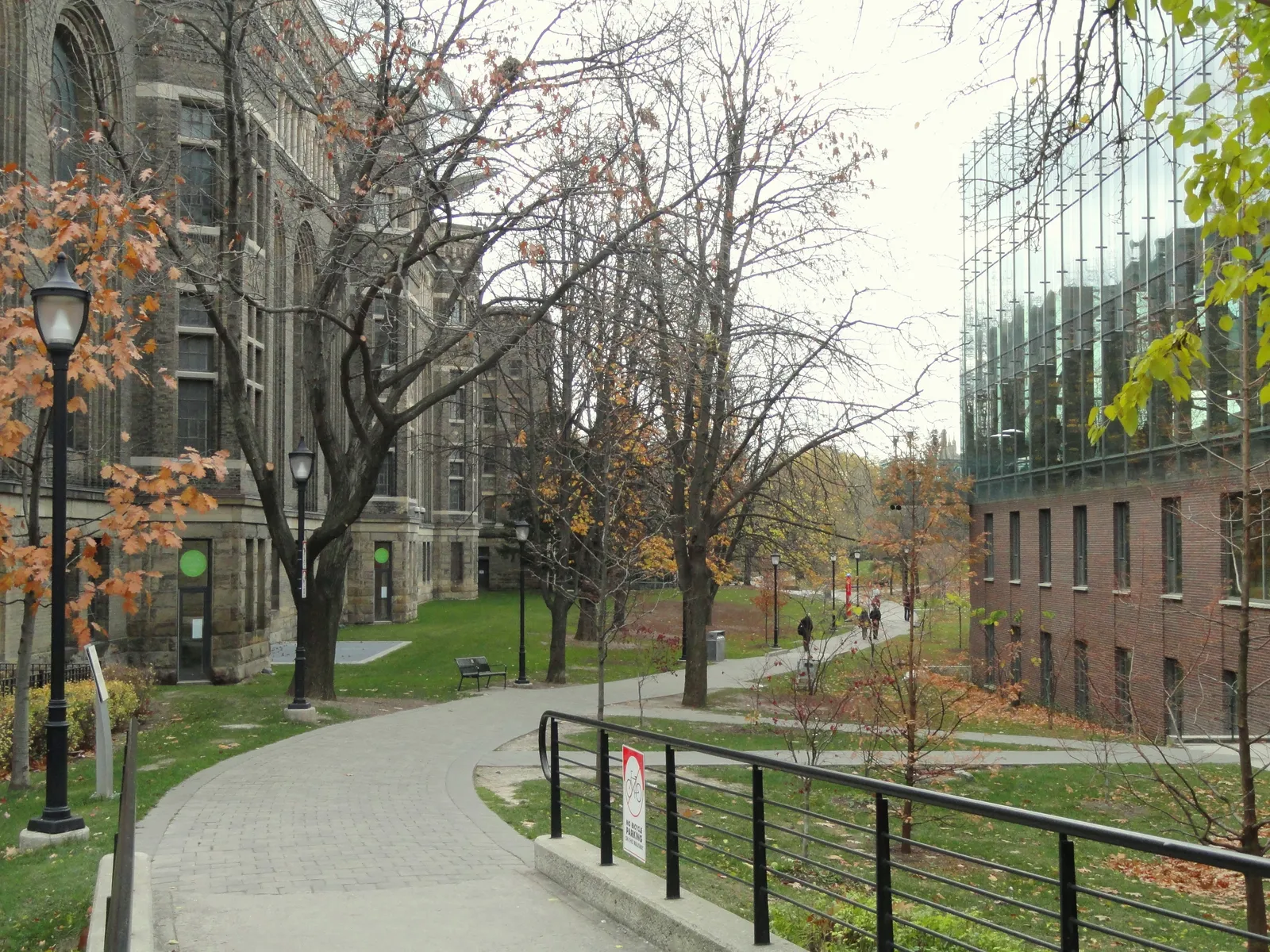 A paved footpath curving through a shallow wooded ravine on Philosopher's Walk in Toronto, with bare autumn trees, Victorian stone university buildings on the left and a glass facade on the right