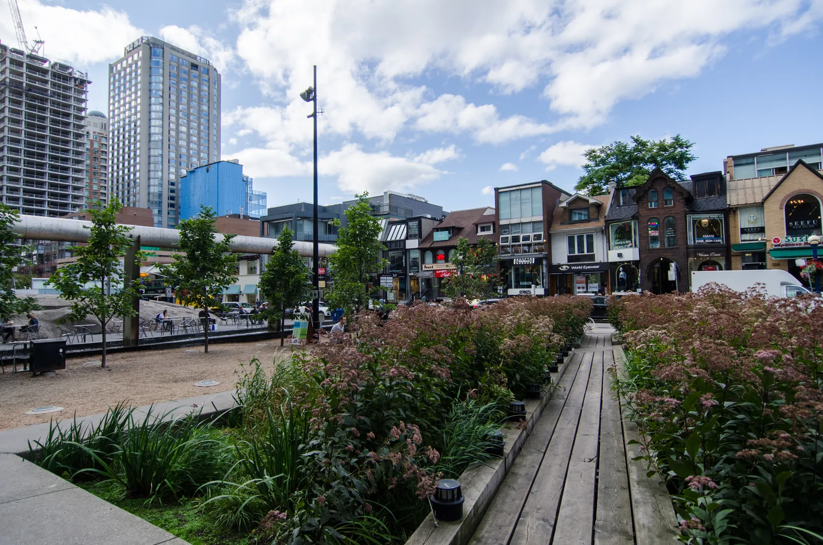 The Village of Yorkville Park in Toronto, a narrow strip park with a boardwalk, ornamental grasses and young trees, backed by the low Victorian shopfronts of Yorkville Avenue and a tower behind them