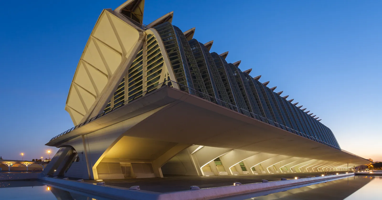 The Príncipe Felipe science museum in Valencia at dusk, a long white structure of angled ribs and struts standing over its own reflection in a shallow pool