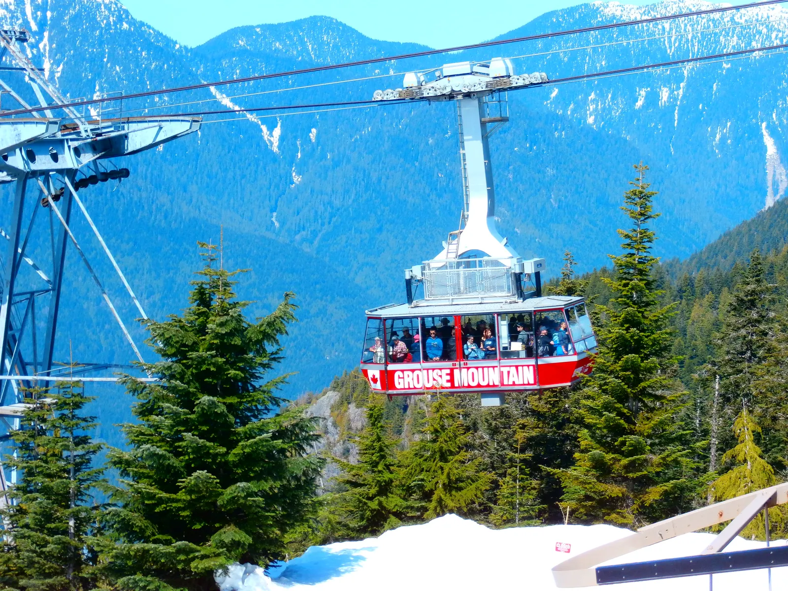 A red Grouse Mountain Skyride gondola car suspended above snow-dusted evergreen forest, with mountain ridgelines in the background