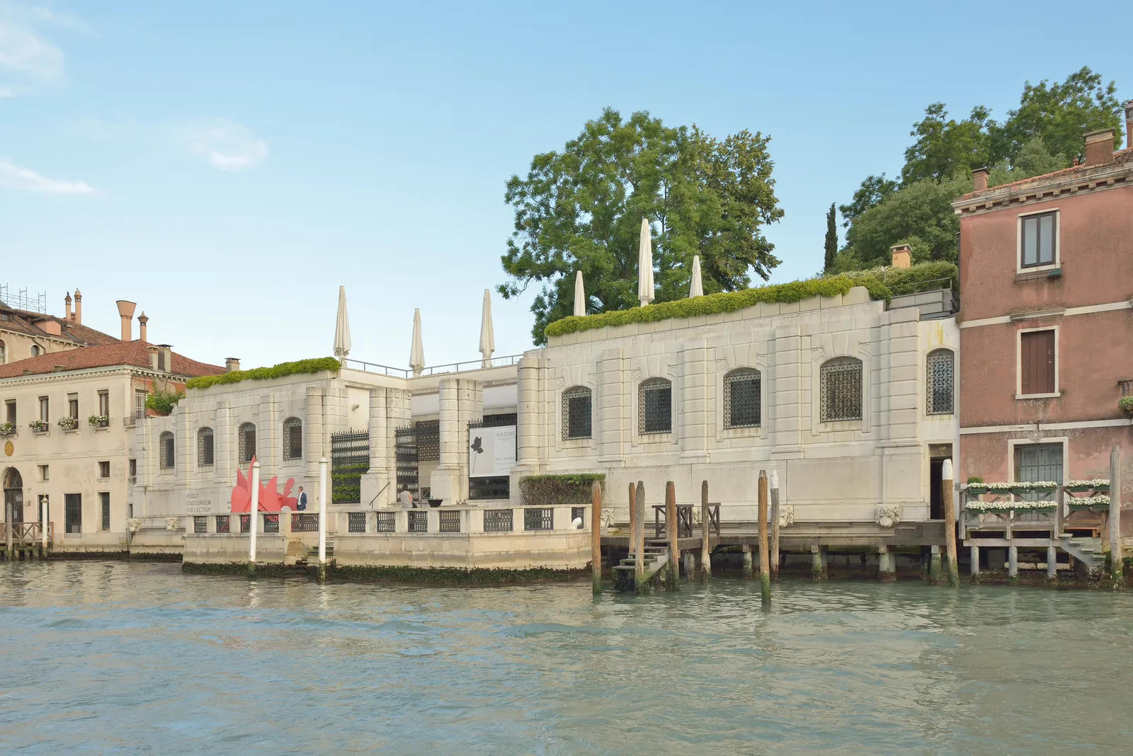 The Palazzo Venier dei Leoni on the Grand Canal in Venice, a long white stone building only one storey high with a planted roof terrace and trees above it, standing between two much taller neighbouring palaces