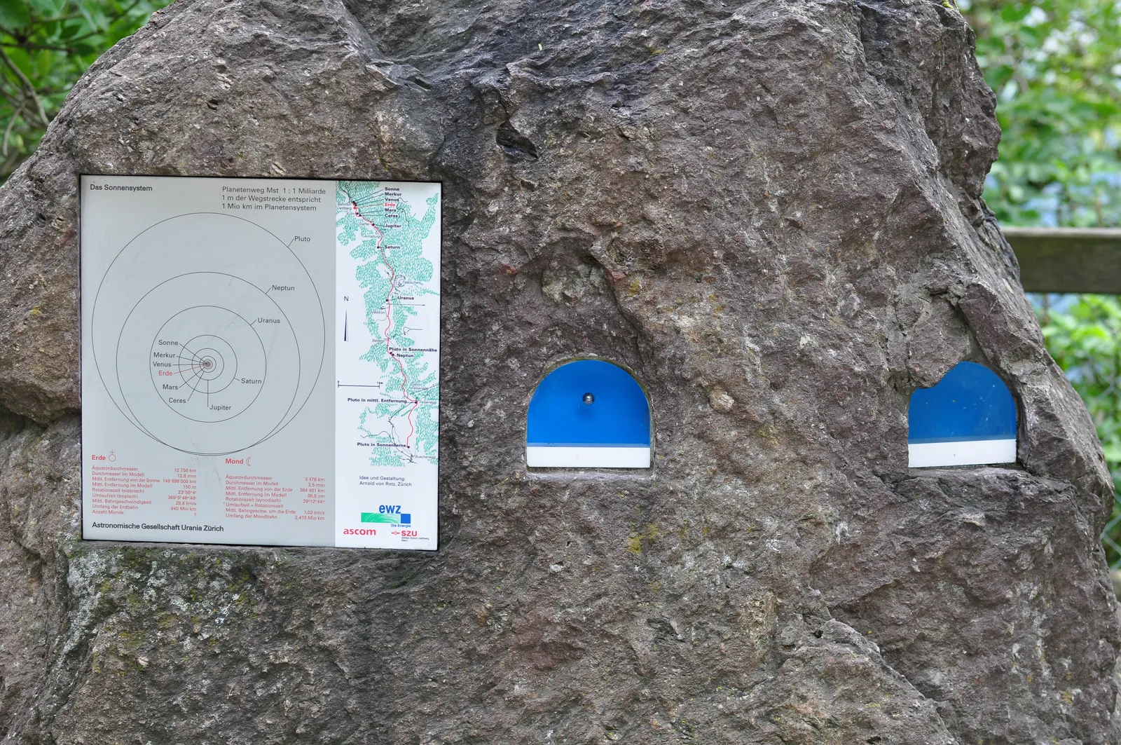 A boulder beside the Planetenweg trail on the Uetliberg ridge, set with an information panel showing the solar system and two small blue half-disc markers representing the Earth and the Moon